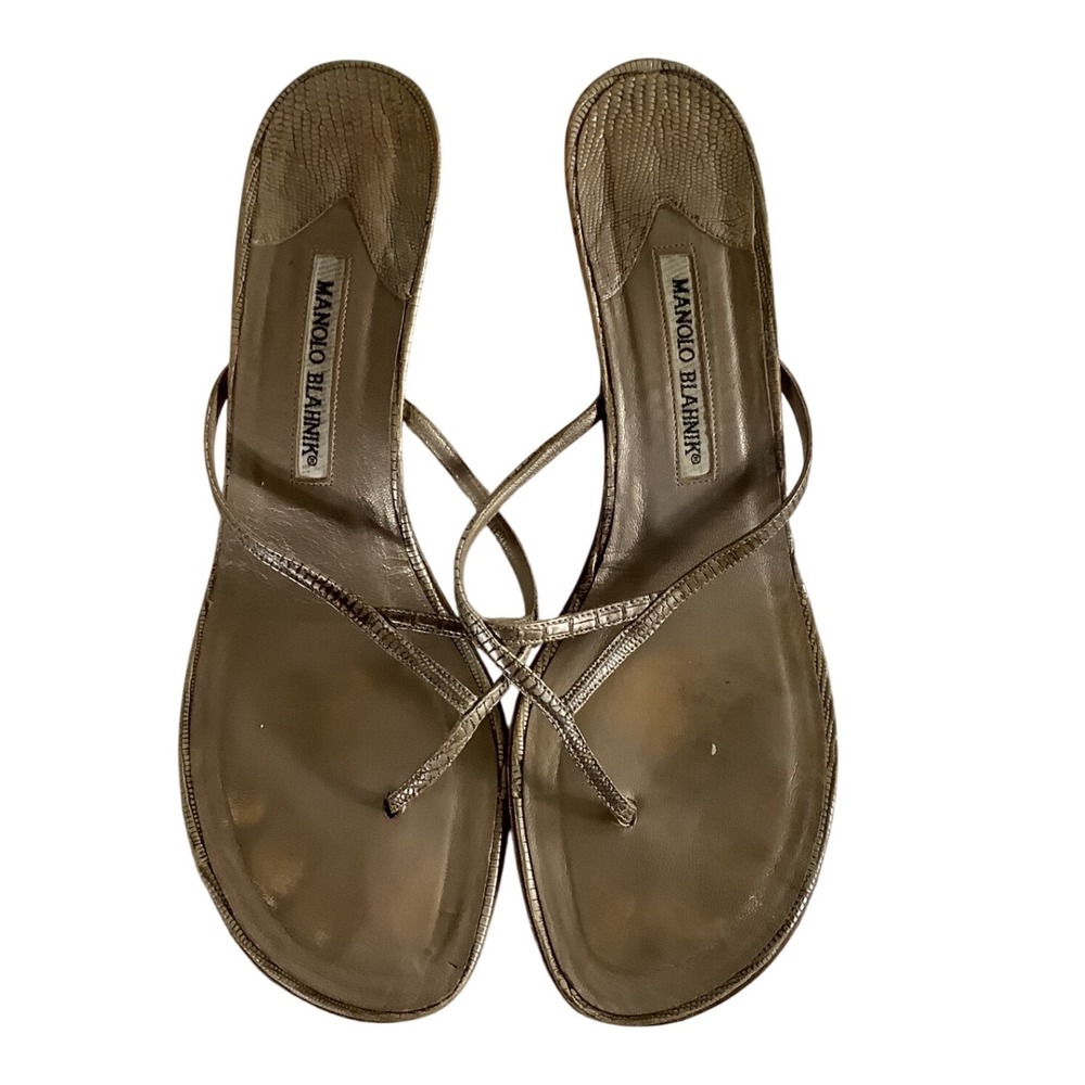 Manolo Blahnik Metallic Bronze Lizard Embossed Kitten Heel Sandals Size 41.5